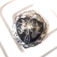 Vintage Siam Sterling Silver Niello Brooch Thai Dancer Shield Pin