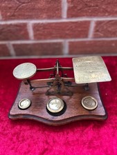 Antique Victorian Edwardian Brass Postal Scales and Weights on a wooden Base