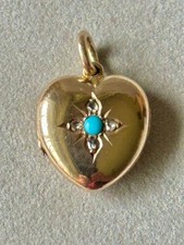 ANTIQUE VICTORIAN 15ct 625 GOLD TURQUOISE, DIAMOND HEART  LOCKET PENDANT 3.6g