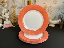 6 Arcopal France white milk glass, orange rim Dinner plates 25cm Dia