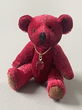 Vintage Miniature Plush Velour Teddy Pair Jointed With Ruby Charm 3” Tall