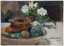 Pauline Plummer (b.1933) - Contemporary Oil, Fruit Bowl & White Flowers