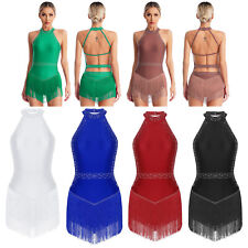 Womens Tassel Leotard Dress Halter Fringe Rhinestone Tango Latin Jazz Costume