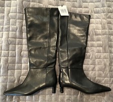 New Mango Ltd Edt Black Leather Knee High Boots Size 3 EUR 36 Low Kitten Heel