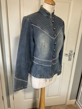 George Military Style Collarless Washed Blue Distressed Denim Jacket Size 14