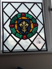 Renovated :  1920's Large Hand Painted Stained Glass Window Panel 47.5 x 59 cm