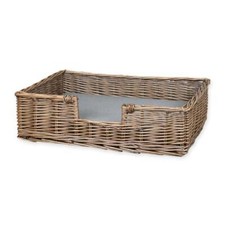 Antique Wash Wicker Dog Bed Basket Rectangular Pet Sofa Grey With Cushion