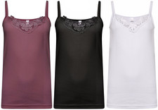 Berry Black White 3 Pack Ladies Plain Stretch Cotton Vest Lace Camisole Tank Top