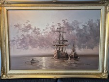 Original (oil on canvas) Maritime 61cm x 91cm Three-masted ship C. Alexis