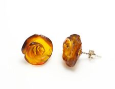 NATURAL BALTIC AMBER STERLING SILVER 925 Rose Earrings Stud Woman Jwellery