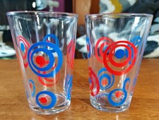pair of Vintage 1980s Retro Red And Blue Swirl Drinking Glasses 11cm Tall