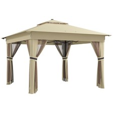 Gazebo Pop Up Khaki 3 x 3 Metre Solar Powered LED Lights Side Curtains Netting