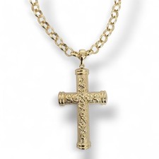 Mens Large Gold Patterned Cross Pendant On 8mm Belcher Chain 30" 9ct Gold XP 