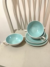 Vintage Poole Pottery Blue And Cream Twintone soup Bowls And Plates