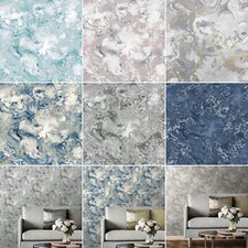 Muriva Elixir Marble Wallpaper Metallic Swirls - Silver Rose Gold Teal Grey Blue