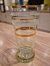 Vintage Small Green Glass Gold And Etched Ring Pattern Posy Vase