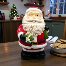 Vintage Santa Claus Cookie Jar With Green "Ho Ho Ho" Sack - Ceramic - VGC