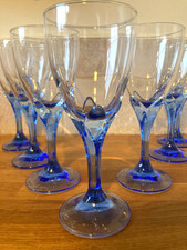 Vintage Bormioli Rocco “Bouquet” Wine Water Glass Clear With Blue Stem Set Of 8