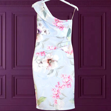 £65 LIPSY LONDON SZE 8 ICE BLUE GREY PINK FLORAL DRESS WEDDDING PARTY RACES CLUB