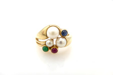 Size 54 Ring 585 GOLD 14K Yellow Gold Ruby Sapphire Emerald Pearl G1773/25