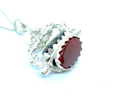 Vintage Silver Carnelian Agate, Bloodstone & Onyx Swivel Fob Pendant Necklace