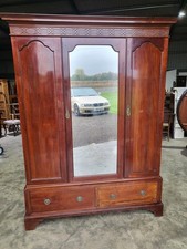 Antique Edwardian triple wardrobe mirror shelves drawers