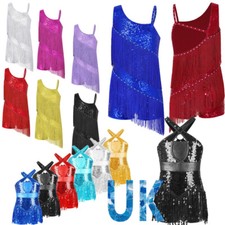 Kid Girls Dance Jazz Performance Costume Sparkly Tassel Leotard Fringed Bodysuit