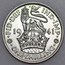 1941 E GEORGE VI, SHILLING, ENGLISH REV., BRITISH SILVER COIN, BU