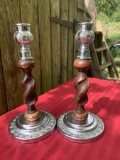 Vintage 1930 Pair Wooden Barley Twist Candle Sticks Holders Silver/Chrome? Base