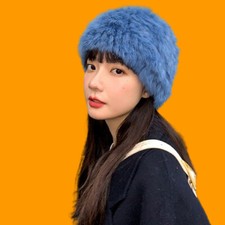 Ladies Solid Real Rabbit Fur Hat Thick Russian Cap Knitted Beanie Daily Fashion