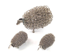 Wriggle Coiled Wire Nickel Plated Large Silver Tone Sheep Sculpture  + 2 Lambs