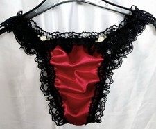 RUBY Red SATIN n Black Lace Sissy Panties T Back THONG cd tv  Drag  Frilly