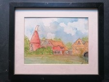 Vintage Watercolour Landscape Painting, "Old Oast House and Mill, Kent,"