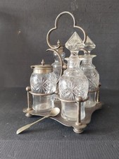 VINTAGE CUT GLASS & SILVER PLATE CRUET SET WITH CARRY CADDY