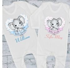 Hello World Elephant Personalised Baby Grow Romper Vest New Baby Hospital Bag