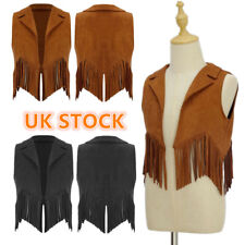 UK Girl's Western Cowboy Costumes Suede Open Front Tassels Fringe Cowgirl Vest