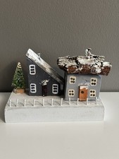 Xmas Wooden Handmade Cottages On A Wooden Base.