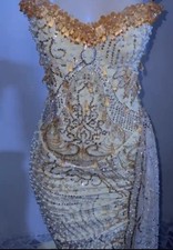 Occasional Prom Party Dress Evening Gown Women Fishtail Slit Gold Pearl Beaded