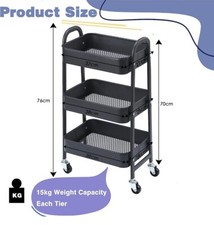 ISUDJUNT Metal Storage Trolley - 3-Tier Rolling Cart with Lockable Wheels -...