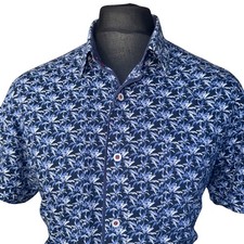 JEFF BANKS Shirt Mens XL (44") Short Sleeve Blue Plant Print