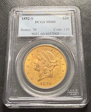 US 1892S Gold $20 20 Dollars PCGS MS60 Double Eagle Liberty Head