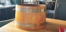 ANTIQUE COOPERED OAK & BRASS BARREL PLANTER PLANT POT Storage Sauna Bathroom 