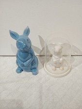  Rabbit Ornaments X2 One White In Glass Dome and One Blue Ceramic Free Standing