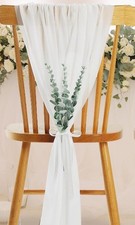35 White Chair Sash Voiles With Artificial Eucalyptus Stems & Vine Leaf Ribbons
