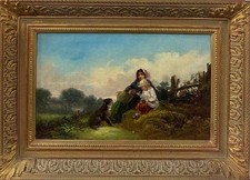 Joseph Barker (FL 1843-48) : Mother And Daughter With Their Dog , Oil On Canvas