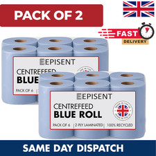 Blue Centrefeed Rolls x 12, 2-Ply Embossed Paper Towels Workshop Cleaning Tissue