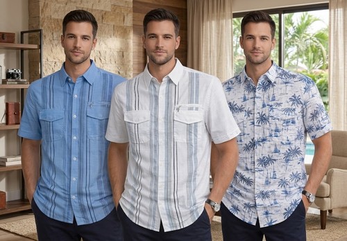 Mens linen style short - short, sleeve