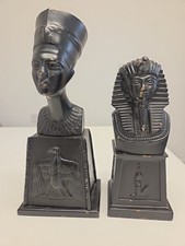 Vintage Egyptian Bronze Busts of Queen Nefertiti & Pharaoh Tutankhamen