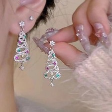 Christmas Tree Crystal Star Earrings Stud Dangle 925 Silver Jewelry Women Gift