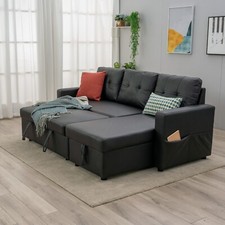 Linen/Faux Leather Sofa Bed Corner - Sofa Bed with Storage & Reversible Chaise